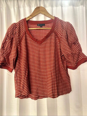 Democracy Elbow Puff Sleeve Picot V-Neck Crochet Detail Knit Top Crochet Detail